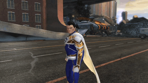 a man in a blue and gold superhero costume is standing on a city street