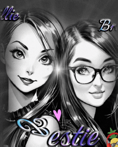 a black and white drawing of two girls with the word bestie on the bottom right