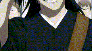 a close up of a person 's face with long hair and a kimono .