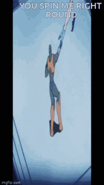 a cartoon of a person hanging from a rope with the words you spin me right round