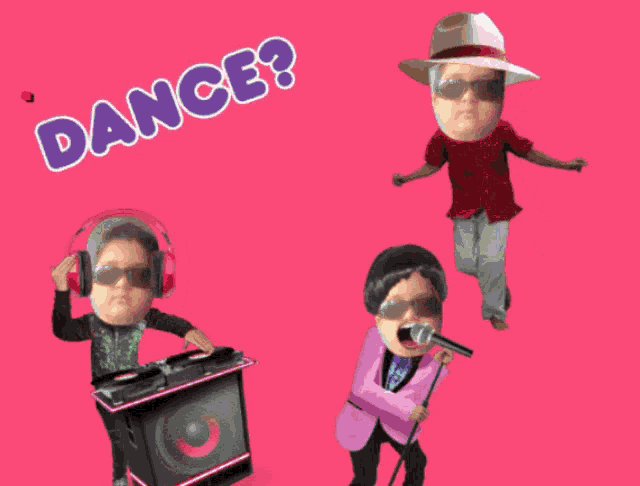 a pink background with a dj a singer and a hat that says " a dance "