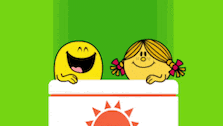 a cartoon of a boy and a girl standing next to each other with the sun in the background