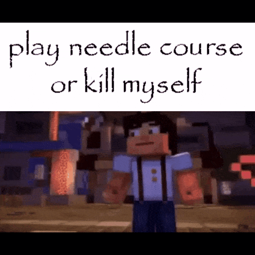 a minecraft character with the words `` play needle course or kill myself ''