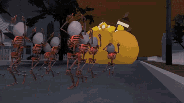 a group of skeletons dancing in front of a large pumpkin