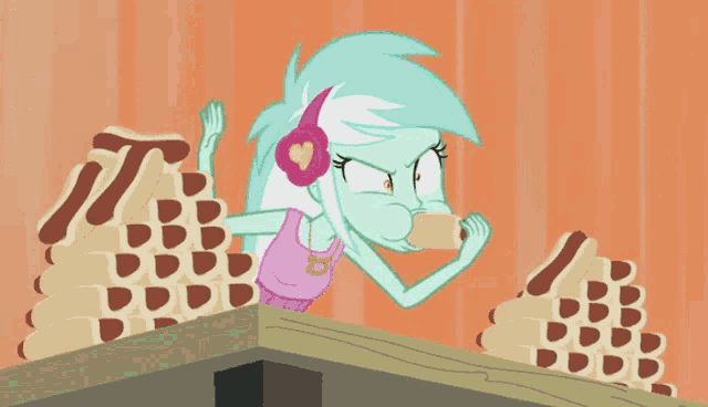 a cartoon of a girl with headphones eating a cookie