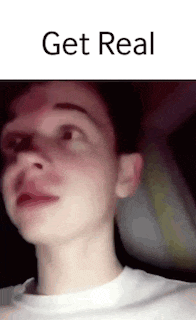 a close up of a young man 's face with the words `` get real '' written above him .