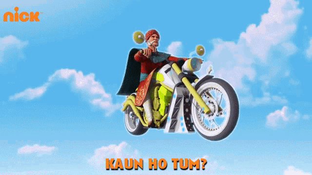 a cartoon character is riding a motorcycle with the words kaun ho tum on the bottom