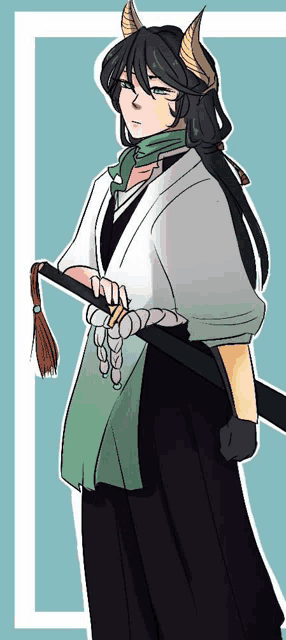 a drawing of a woman with horns and a sword