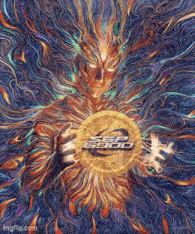 a colorful painting of a man holding a circle that says sep 2500 on it