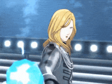 a woman in a video game is holding a blue ball