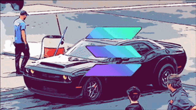 a cartoon drawing of a man standing next to a black car