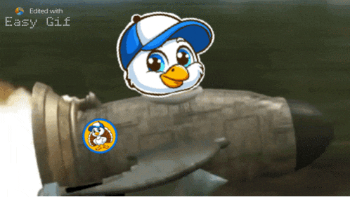 a cartoon duck with a blue hat is sitting on top of a rocket with the words easy gif below it