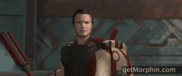 a man holding a spear and a shield with the website getmorphin.com in the background