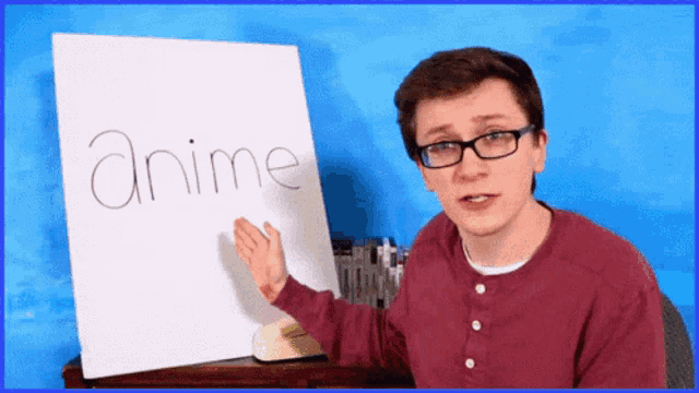 a man with glasses points to a white board that says anime