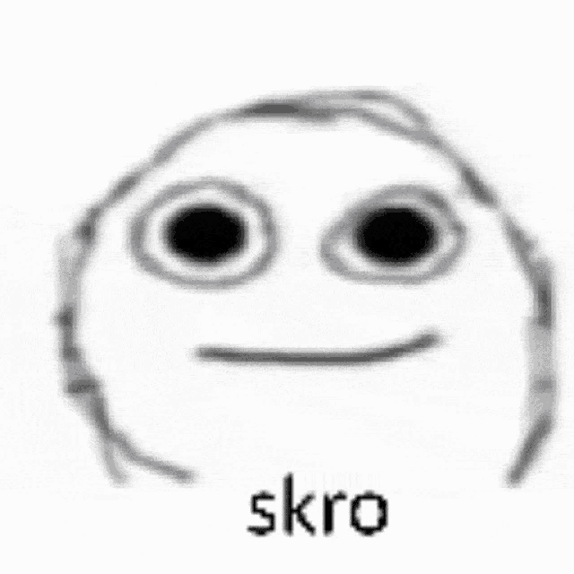 a black and white drawing of a person 's face with a smile and the word skro .