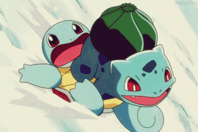 a cartoon of a squirtle and a bulbasaur with the name nayuniku on the bottom left