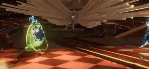 a green monster with a clock on it is standing in a room