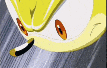 a yellow and white cartoon character with red eyes