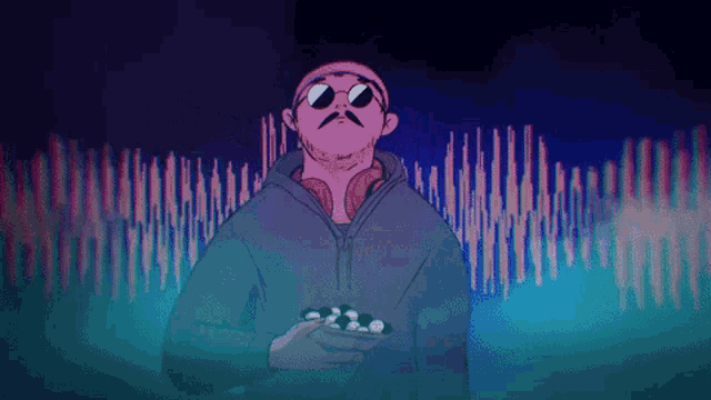 a cartoon of a man wearing sunglasses and headphones holding a bowl of food