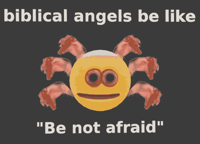 a picture of a smiley face with the words biblical angels be like " be not afraid " below it