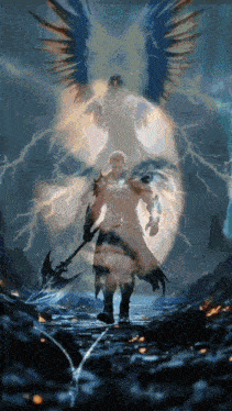 a painting of a man with an axe and a bird with wings