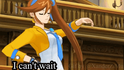 a video game character says " i can 't wait " while standing in front of a balcony