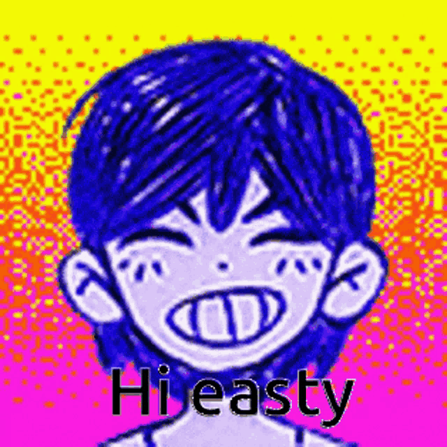 a pixel art of a boy with blue hair and the words `` hi easty '' .