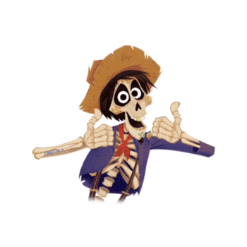 a cartoon of a skeleton wearing a cowboy hat and suspenders giving a thumbs up
