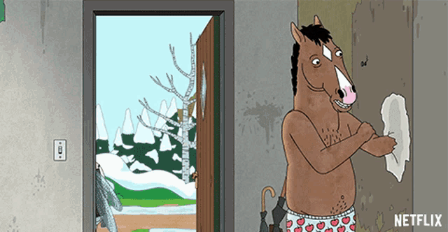 a cartoon of a horse standing in front of a door with a netflix logo in the corner