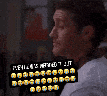 a man in a white shirt with a sticker that says " even he was weirded tf out "