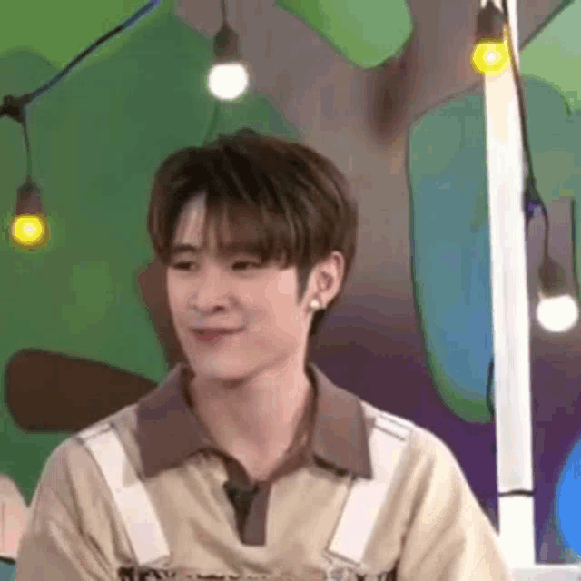 a young man is sitting in front of a green wall and looking at the camera .