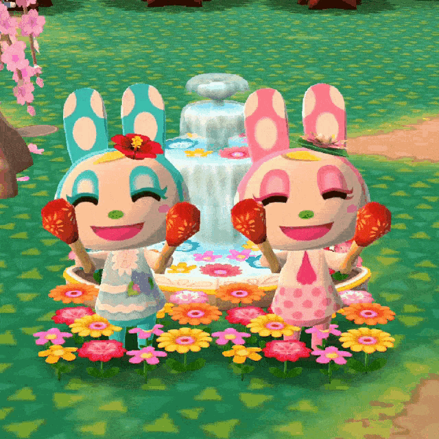 two cartoon rabbits are standing next to each other in front of a fountain