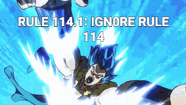 a cartoon of a man with blue hair and the words rule 114.1 ignore rule 114 above him