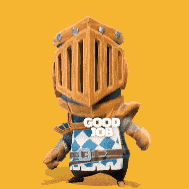 a knight with a helmet on his head and the words good job above him