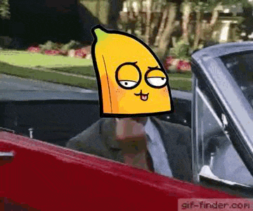 a man in a suit and tie is driving a car with a banana on his head .