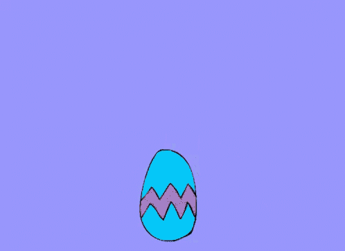 a cartoon drawing of a rabbit coming out of a blue egg on a purple background .
