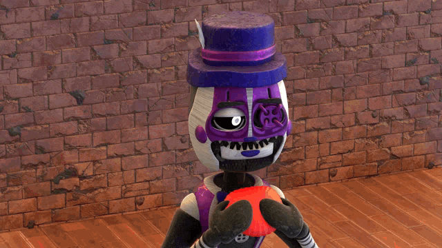 a cartoon character with a purple top hat holds a red ball in his mouth