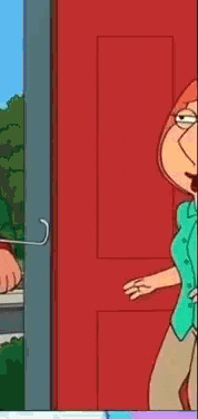 lois griffin from family guy is standing in front of a red door .