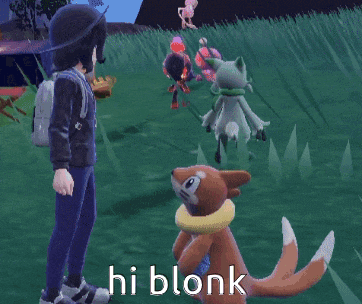a video game character standing next to a stuffed animal that says hi blonk on it