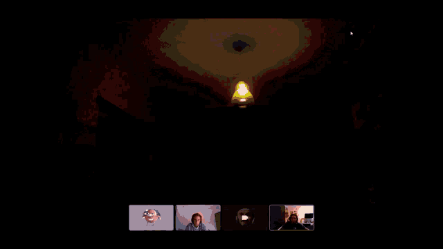 a woman 's face is shown on a video call with three other people including a woman in a blue shirt