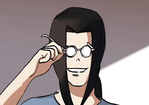 a cartoon of a man wearing glasses and a blue shirt