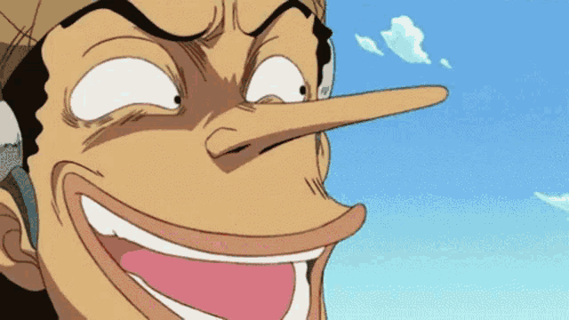 a cartoon character with a long nose is smiling with his mouth open