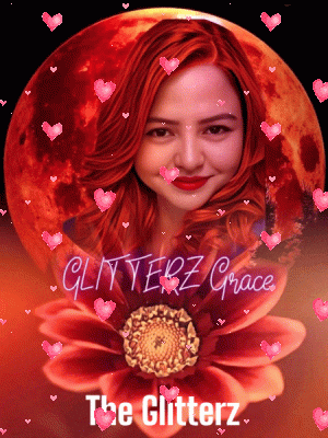 a woman with red hair is surrounded by hearts and the words glitterz grace
