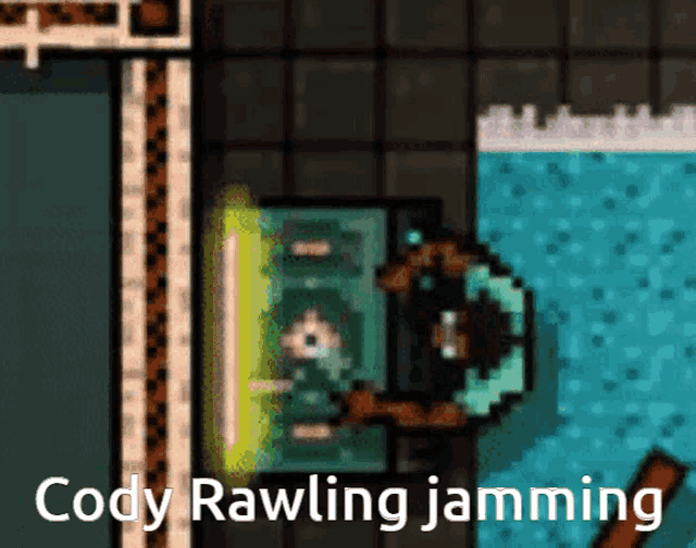 a video game scene with the words cody rawling jamming on the bottom
