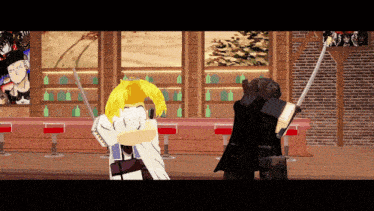 a cartoon of a man holding a sword standing next to another man