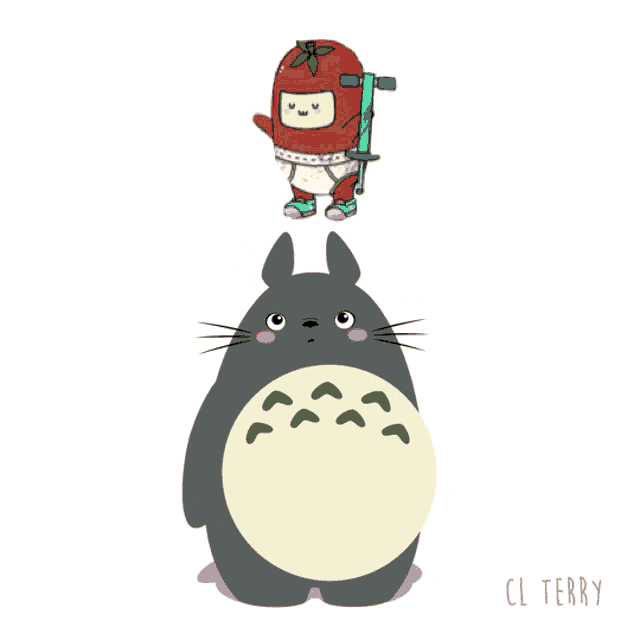 a cartoon drawing of a totoro and a tomato with the name cl terry below it