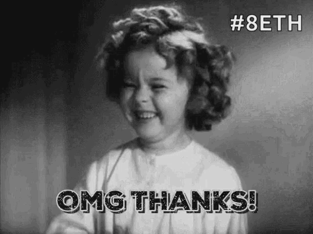 a black and white photo of a little girl smiling and saying `` omg thanks '' .