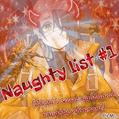 a picture of a devil with the words naughty list # 1 on the bottom