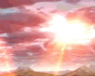 a painting of the sun shining through the clouds at sunset