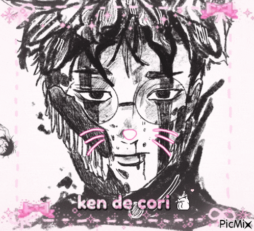 a black and white drawing of a man with cat ears and the name ken de cori